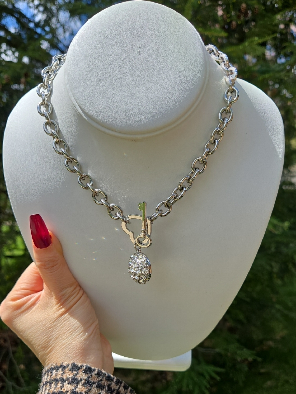 Guess Silver-Tone Crystal Ball Heart Key Toggle Necklace - Women Jewelry - Picture 13 of 16